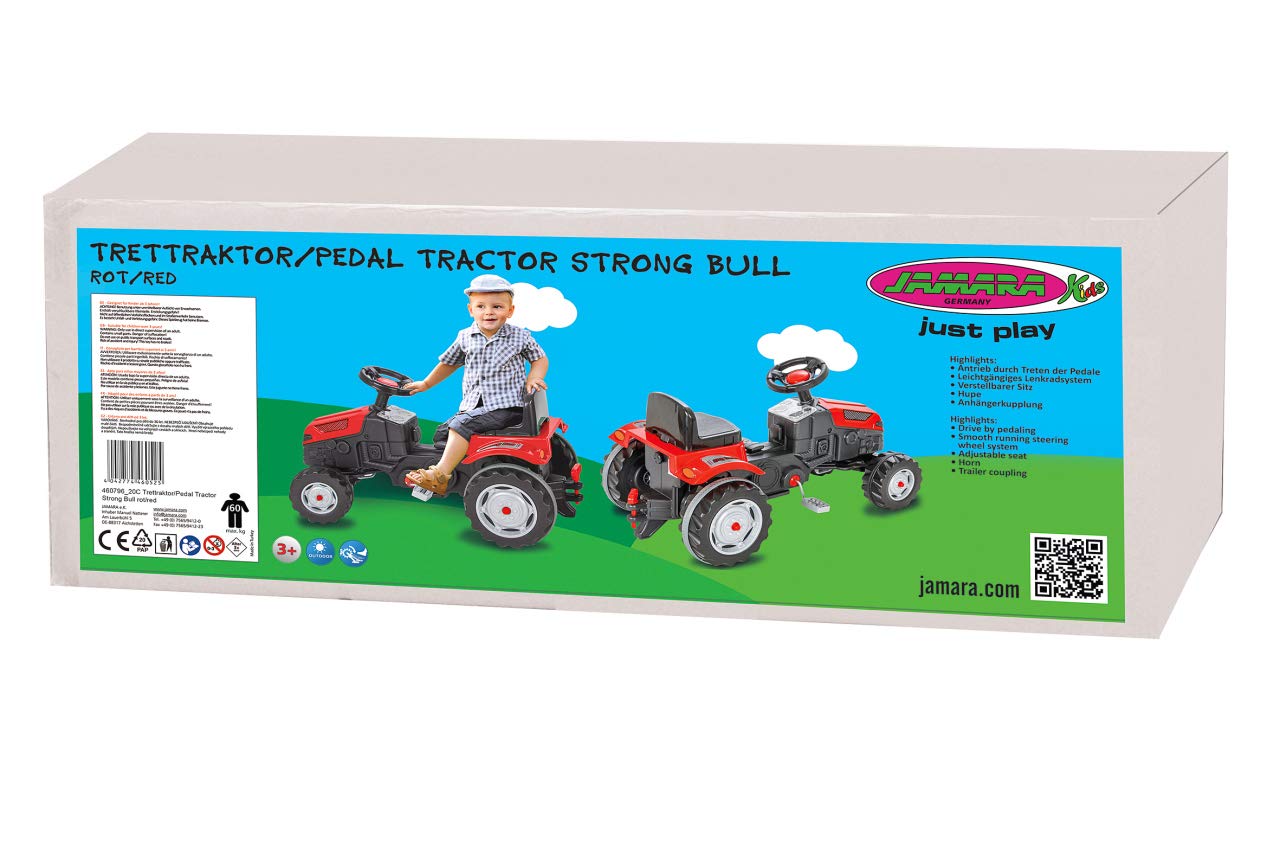 Trettraktor Strong Bull – Kippschutz, Antrieb durch Treten der Pedale, leichtgängiges Lenkradsystem, Verstellbarer Sitz, Hupe, Anhängerkupplung, Maximalgewicht 60 KG