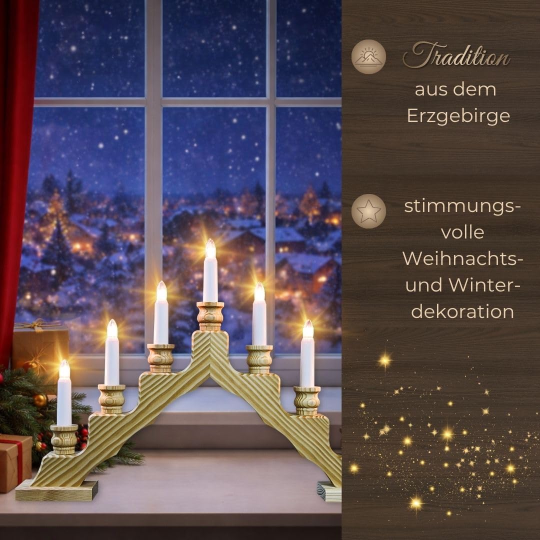 WEIGLA - Schwedenleuchter original Erzgebirge I Trendiger Schwede Natur I LED I Schwibbogen Weihnachten I 7 Lampenkerzen + 1 Ersatzlampe I 7 x 34 V, 0,2 W, E10 I Weihnachtsdeko innen I Kiefernholz