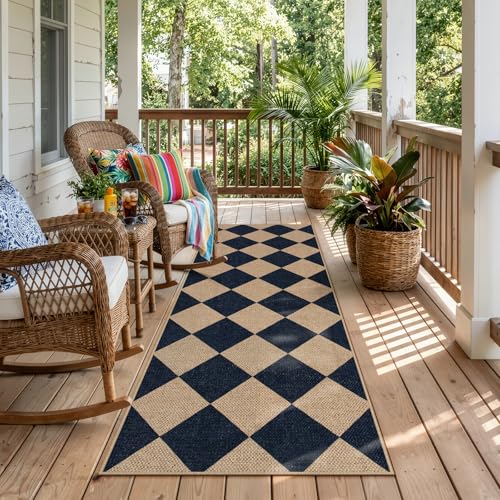 Lahome Checkered Easy Jute Non Slip Runner Rug 2x6 Kitchen Runner Rug Washable Outdoor Rug for Entryway Indoor Checkerboard Black Indoor Outdoor Carpet for Hallway 6ft Entry Front Door