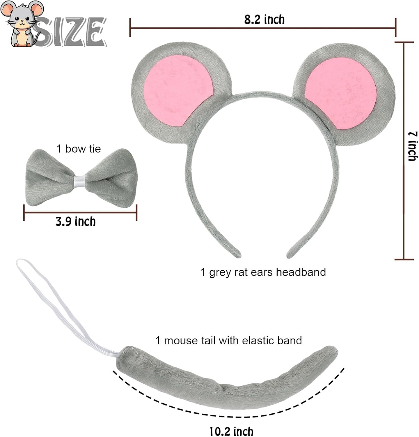 3 Pcs Mouse Ears Headband Costume Accessories Set,Grey Pink Rat Ears Headband/Bow Tie/Tail for Kids - Image 5