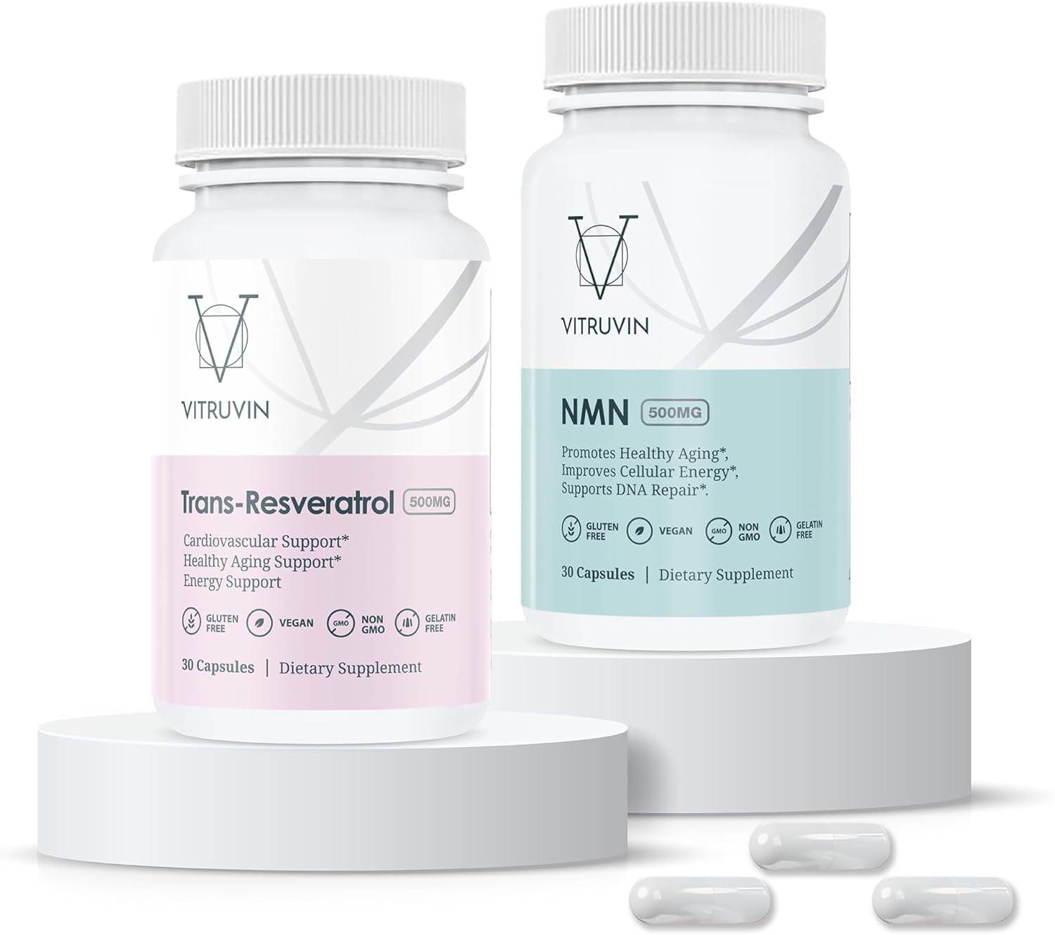 VITRUVIN Longevity Supplement - NMN 500MG + Trans-Resveratrol 500MG with Piperine - Vegan, Non-GMO, Gluten-Free, Gelatin-Free
