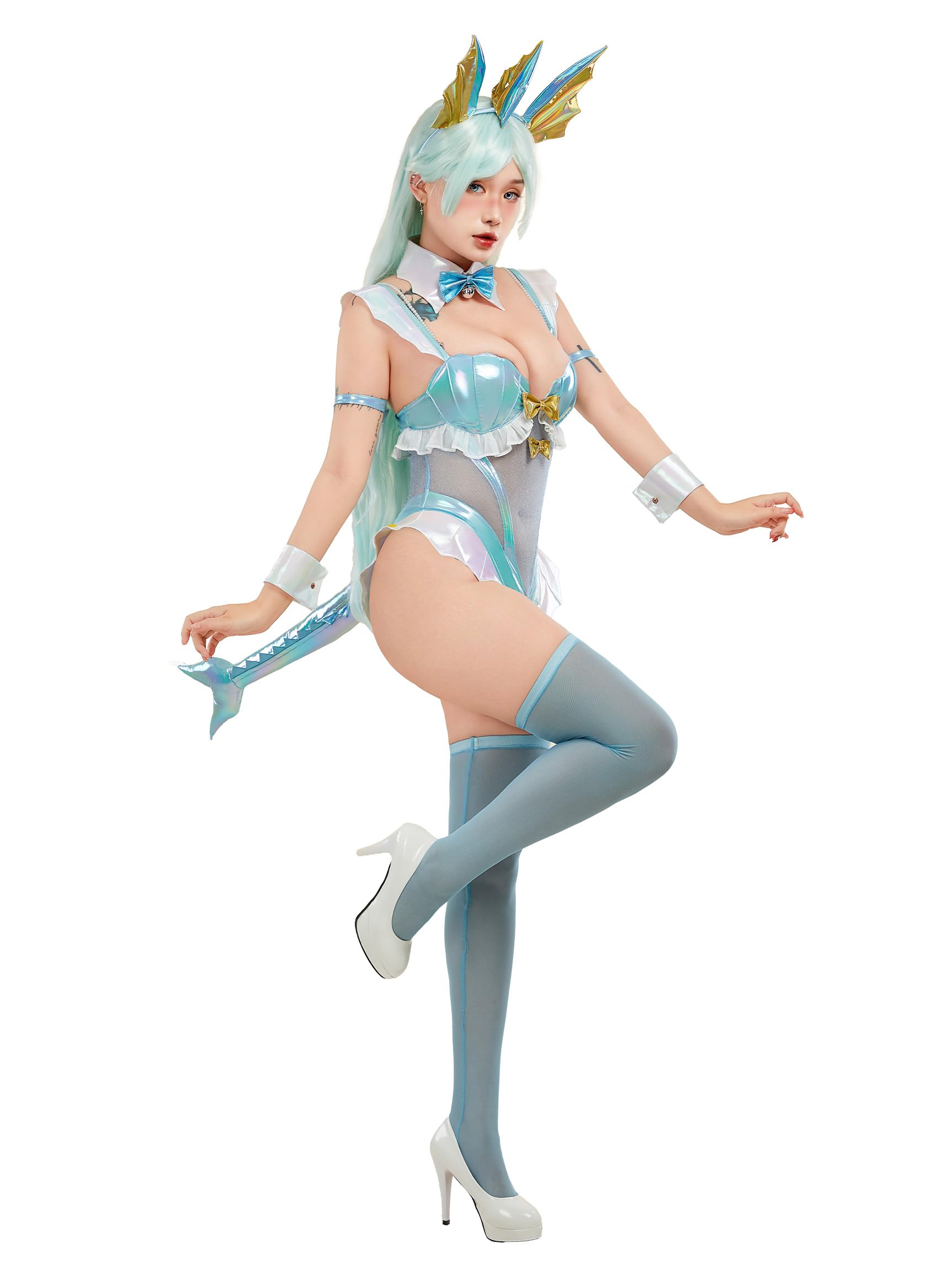 Mobbunny Disfraz de anime Derivado para mujer, traje de piel brillante azul y translúcido con tocado - M