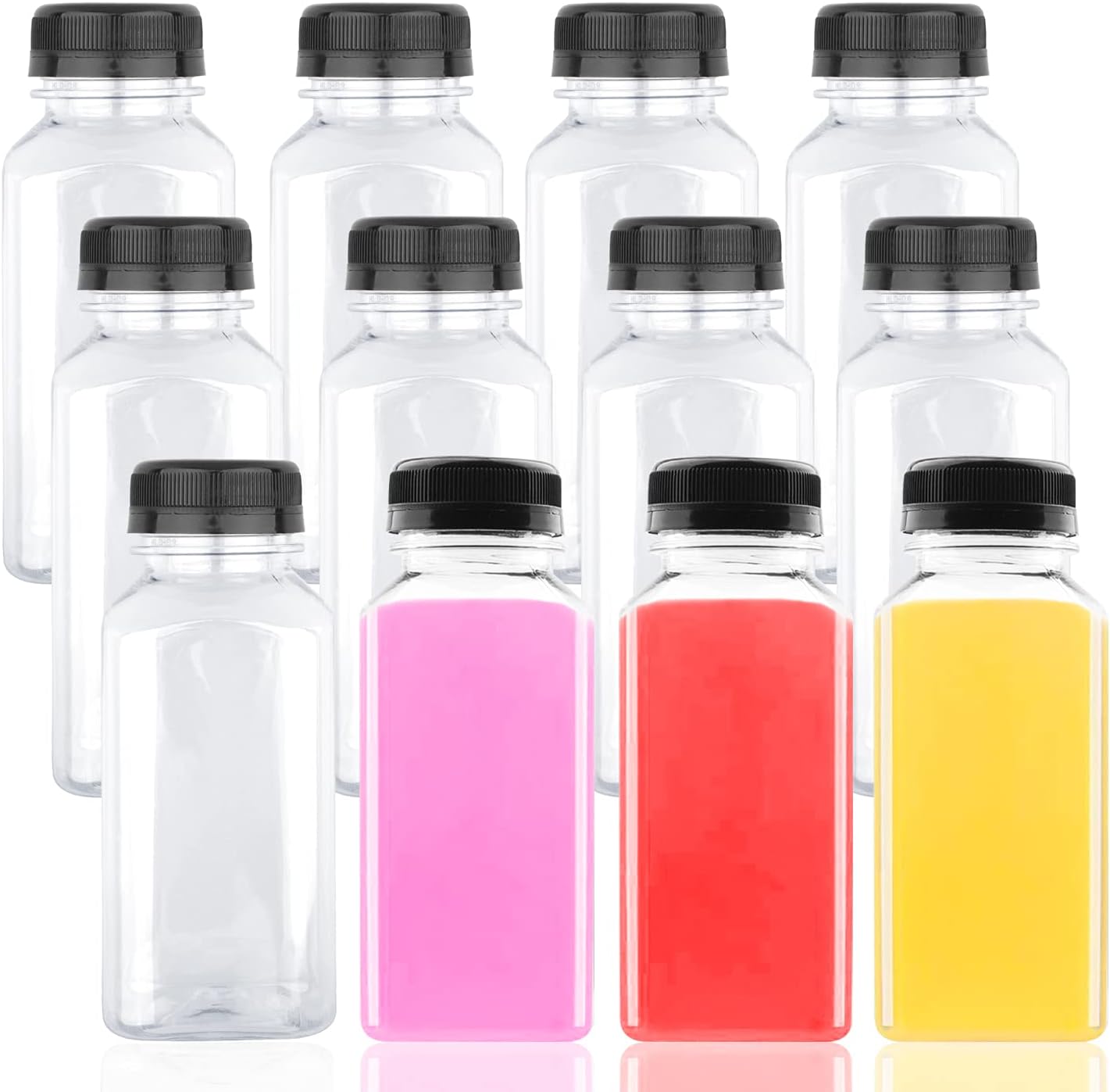 Lainrrew 12 Pack Plastic Juice Bottles, 8oz Plastic Bottles with Caps Reusable Beverage Containers with Black Tamper Caps Clear Smoothie Bulk for Homemade Juices, Milk, Juicing, Beverages
