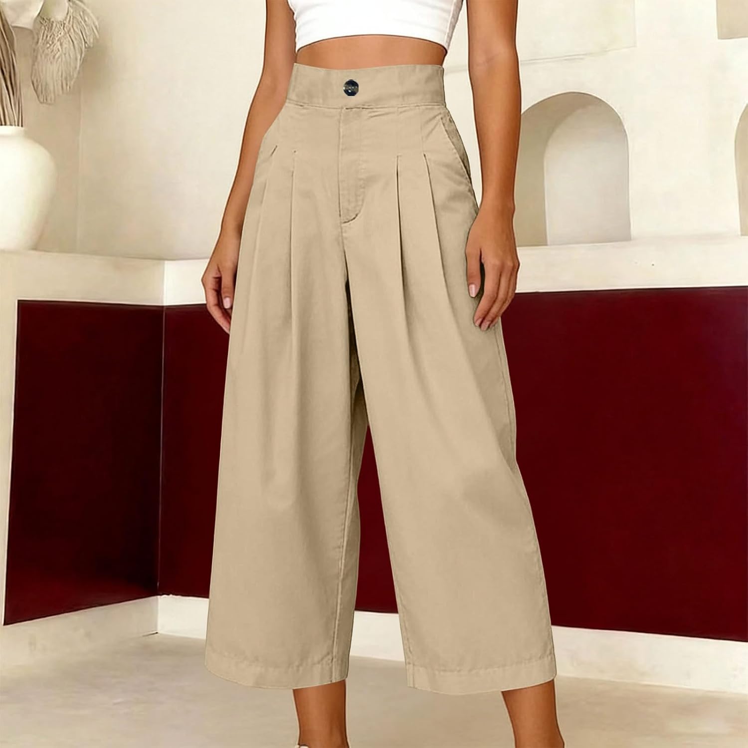 Cotton Linen Capris Pants for Women Summer Wide Leg Cropped Pant High Waisted Pleated Casual Trousers with Pockets