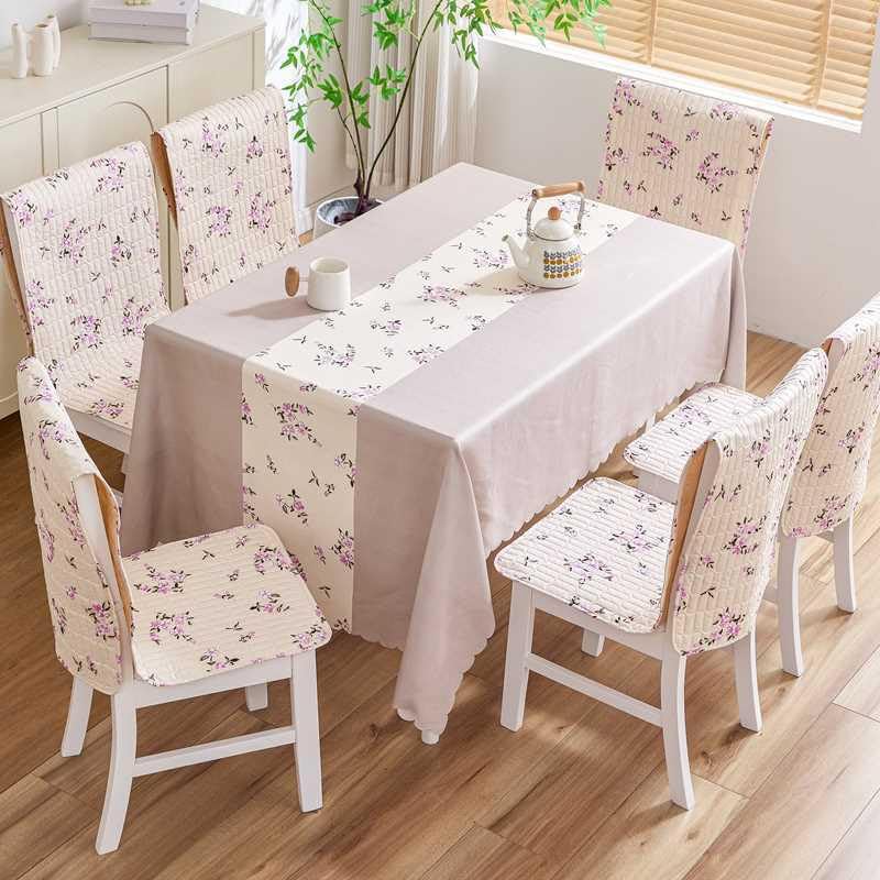 Image of HOMETHREADS Floral Cotton Chair Cover Set | Soft & Comfortable Seat Covers with Anti-Skid Non-Slip Backing + Waterproof Dining Table Cover (150x240 cm) (Beige Purple, 8 Chair Covers + 1 Table Cover)