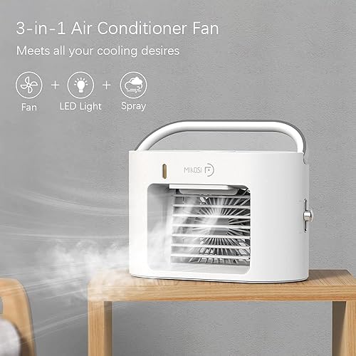Miniatura 2 de Ventilador de aire acondicionado portátil 3 en 1, pequeño humidificador de aire evaporativo personal con luz LED, batería recargable para viajes de