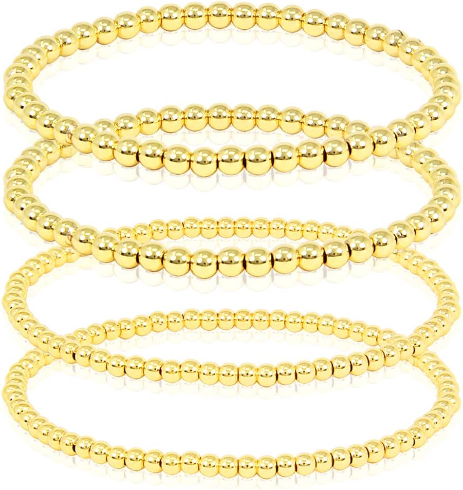 SM Stainless Steel Gold Silver Rose gold Beaded Ball Bracelets Set for Women Stretchable Elastic Bracelet (Set 4pcs - 4mm(2) + (2) - Gold)