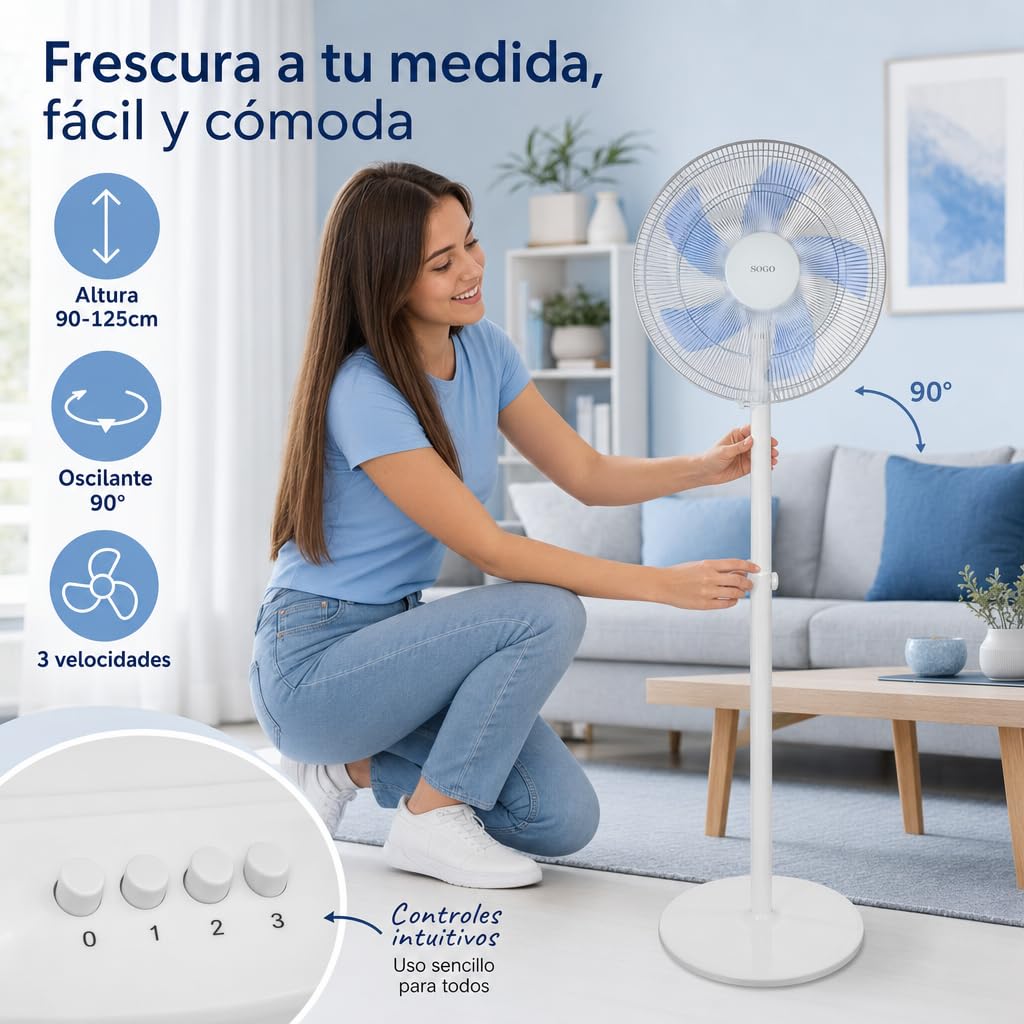 SOGO Ventilador de Pie Silencioso 40 cm con Altura Ajustable 90-125 cm - Ventilador Oscilante con 3 Velocidades y 5 Aspas - Ventilador Potente y de Bajo Consumo 50W Blanco SS-21245-W