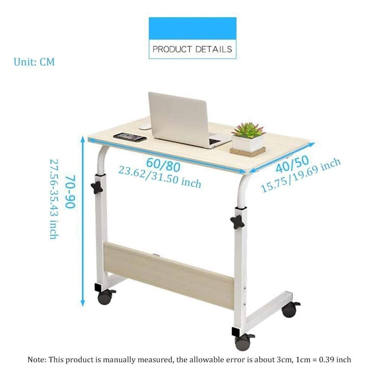Mesa Auxiliar sobre la Cama con Ruedas, Escritorio de Noche con Base en Forma de C, Escritorio para portátil, Oficina en casa, Mesa Auxiliar móvil, Mesa para portátil, Soporte para Ordenador