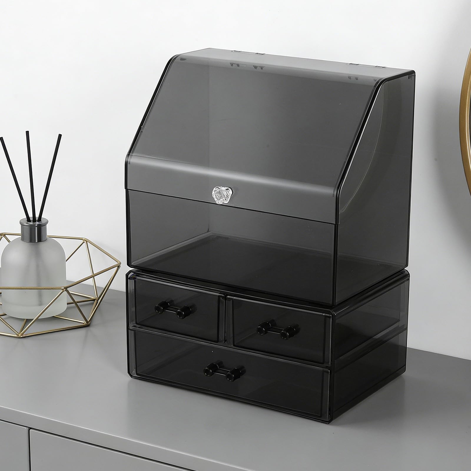 ARTIBETTER Organizer e Stabile e Cassetti, Design Trasparente Nero in Plastico con Struttura Multilivello per Trucchi per Dressing Table o Vanity Moderno e Minimalista