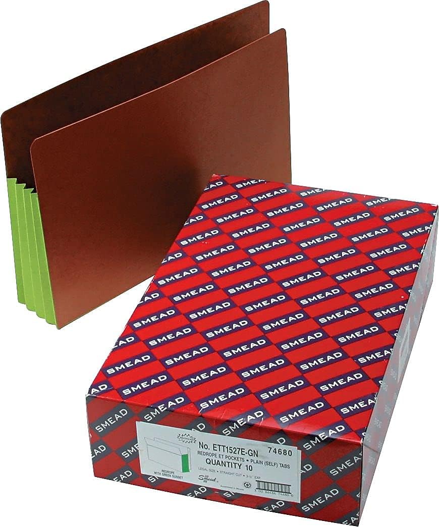 Smead End Tab Pocket, Reinforced Straight-Cut Tab, 3-1/2" Expansion, Extra Wide Legal Size, Redrope with Green Gusset, 10 per Box (74680)