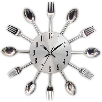 Timelike Stainless Steel Kitchen Utensils Clock - Kitchen Cutlery Wall Clock with Tinted Forks Spoons Spatula Design Kitchen Clock with for Kitchen D co Indoor and Outdoor Use