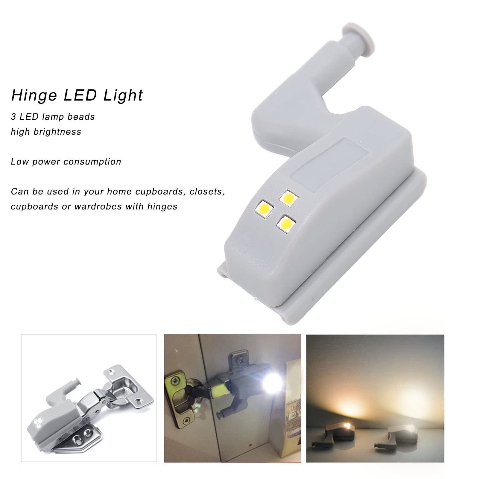 Hinge LED Light, 10 Sets Hinge LED Light High Brightness ABS Cabinet with 3 LED Lamp Beads for Kitchen Cabinet Living Room Bedroom Wardrobe (Warm Light + Battery)