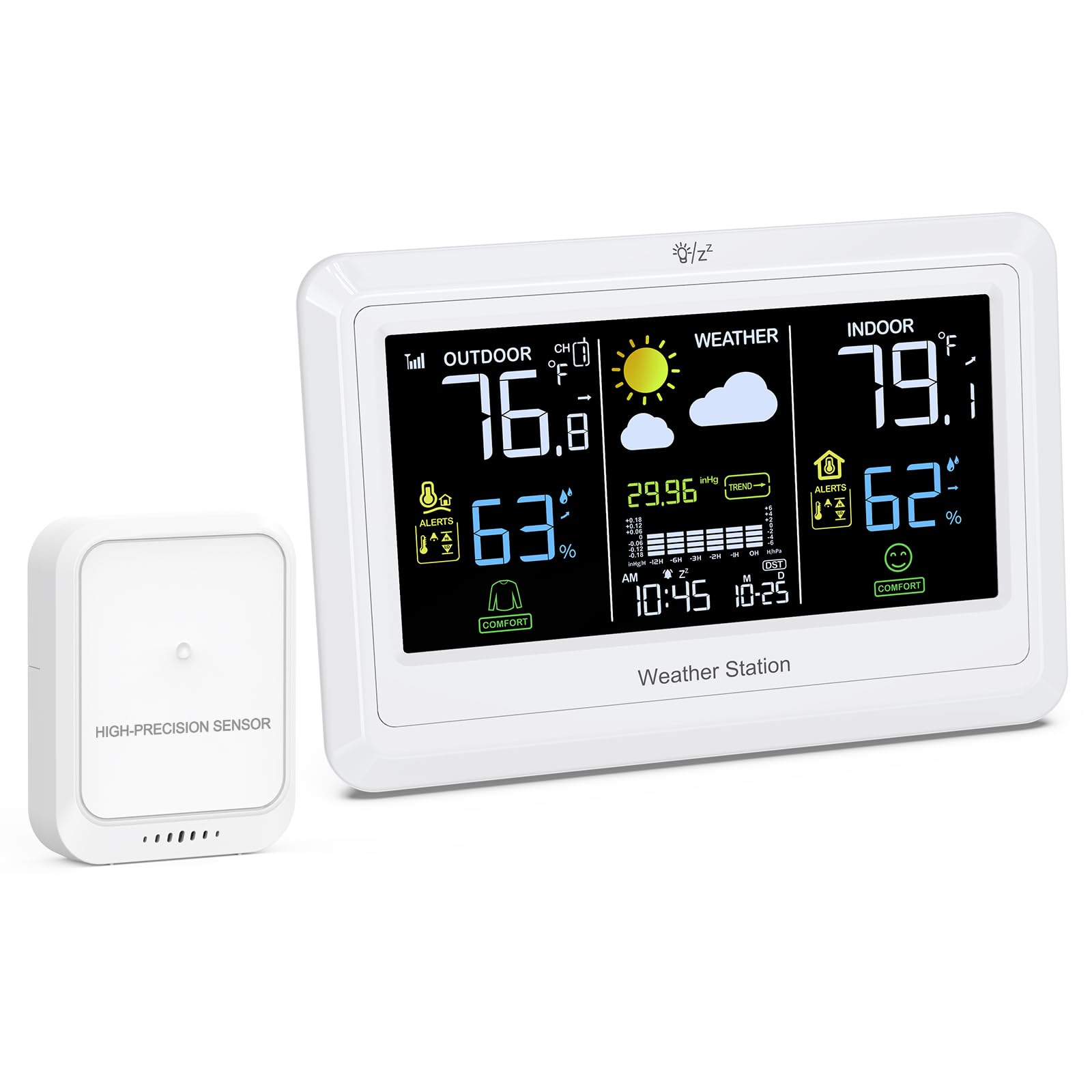 LOFICOPER Wireless Home Weather Station with Outdoor Sensor, Temperature Alerts, Color Glass Display, Barometric Pressure, Date, Weather Forecast, Time Alarm