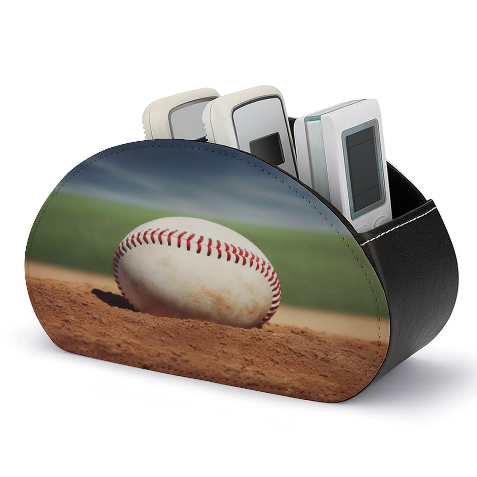 VstaDank Baseball Remote Control Holder with 5 Compartments PU Leather Remote Caddy Desktop Organizer Store TV Remote Control Storage Box for Home Office Desk Nightstand