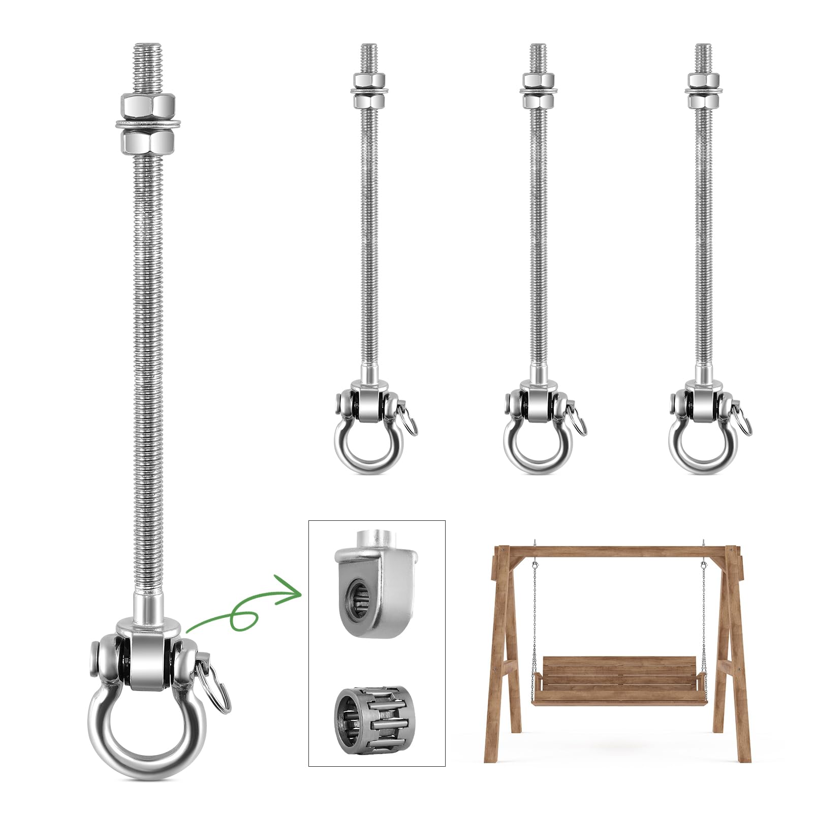 Gancio per Altalena con Cuscinetti 4 Pezzi，in Acciaio Inox 304, per Travi in Legno, soffitto in Cemento, Altalena, Yoga, Sacco da Boxe, amache, capacità 680kg