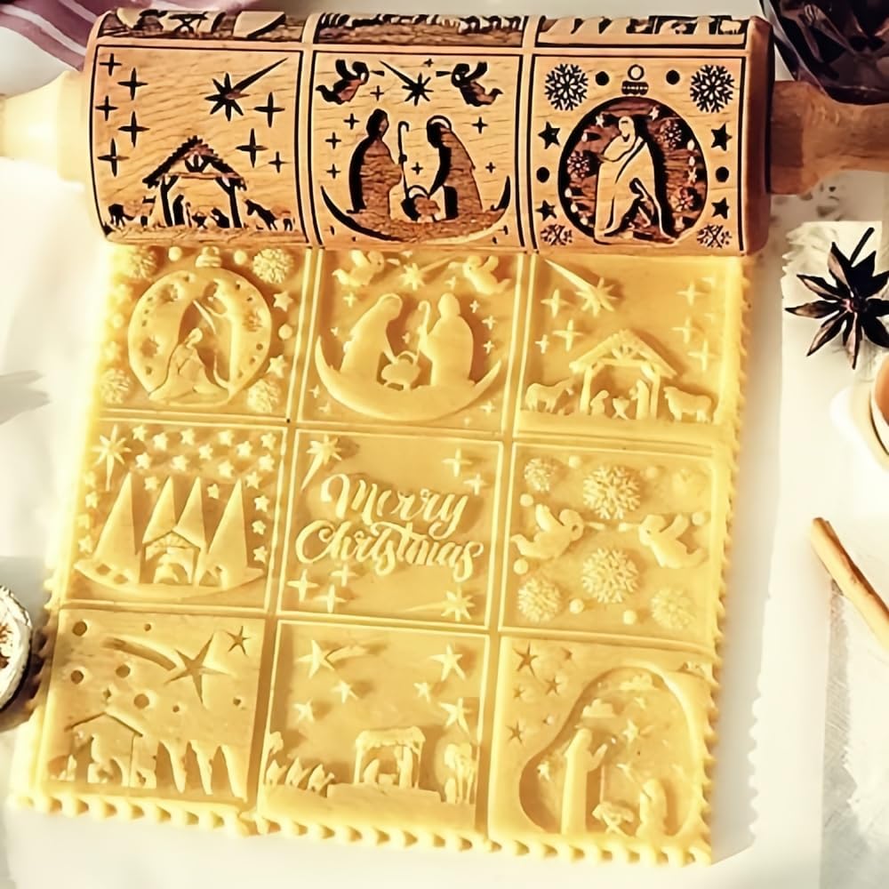 Christmas Wooden Rolling Pin for Baking Engraved Embossing