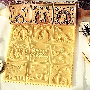 Christmas Wooden Rolling Pin for Baking Engraved Embossing Rolling Pin Cookie Stamps Roller Square Grid Cookies Mold Kitchen Decor Tools for Baking Embossed Cookies (9 Grilles Jesus)