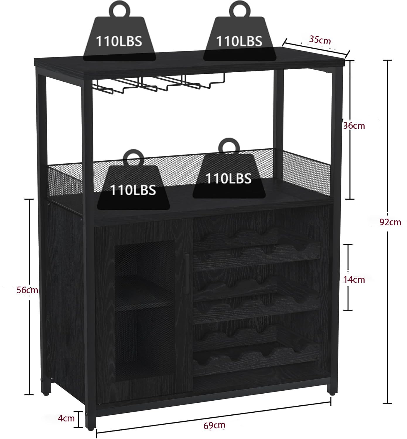 Garvee Botellero Industrial con Estante Ajustable para Vino y Soporte para Copas, Armario para Bebidas para Cocina, Comedor, Salón, 70x35x92 cm, Negro