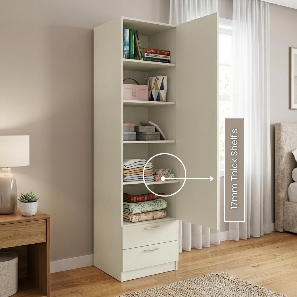CASPIAN Engineered Wood Single Door Wooden Wardrobe (White) | Pre-Assembled Furniture | for Bedroom, Kitchen, Office & Kid’s Room | Durable Home Clothes Storage Organizer with 5 Shelves & 2 Drawers-picture-7