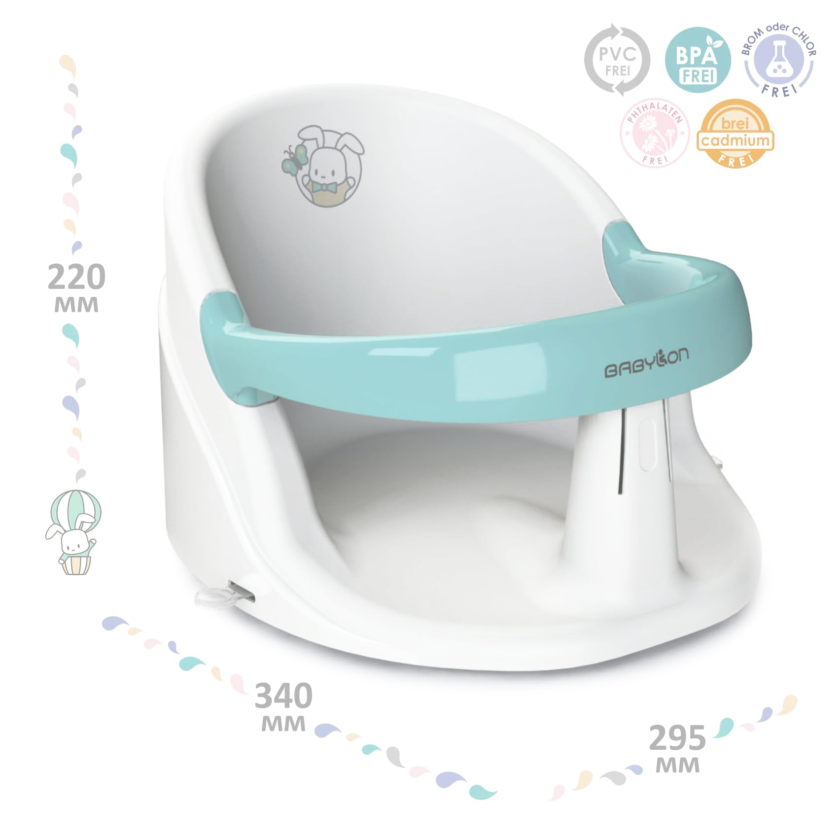 BABYLON Asiento Bañera Bebé Nemo – Silla Bañera Bebe Antideslizante con 4 Ventosas, Asiento baño Bebe Bañera desde 6 Meses, Adaptador y Soporte Baño Bebé para Ducha y Bañera, blanco/turquesa