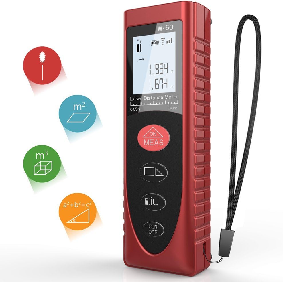 Laser Measure, Digital Laser Distance Meter 60m 196FT Portable Line Meter with LCD Backlight for Distance, Area, Volume and Pythagoras Theorem Measurement -FraFong