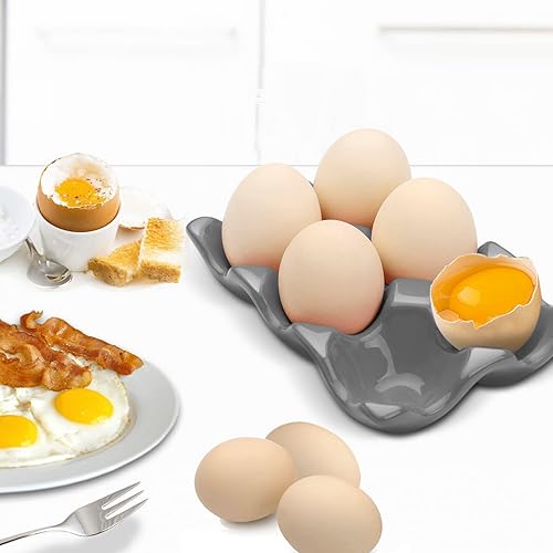 Miniatura 3 de Flexzion Bandeja de cerámica para 6 tazas, media docena de huevos de porcelana, contenedor organizador de almacenamiento decorativo para servir
