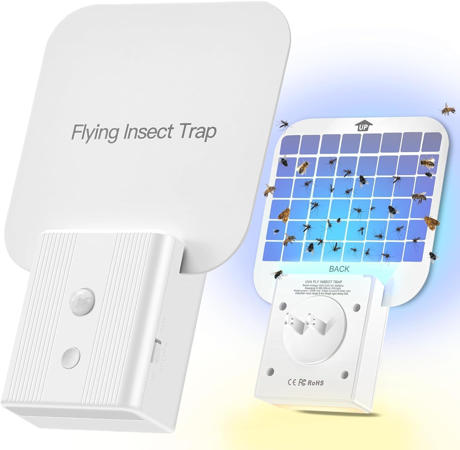 Flying Insect Trap, Plug-in Fly Trap Indoor, UVA Bug Light Trap with Sensored Night Light, Fruit Fly Traps for Indoors for Flies, Mosquitos, Moths, Gnats (1 Device + 5 Glue Cards)