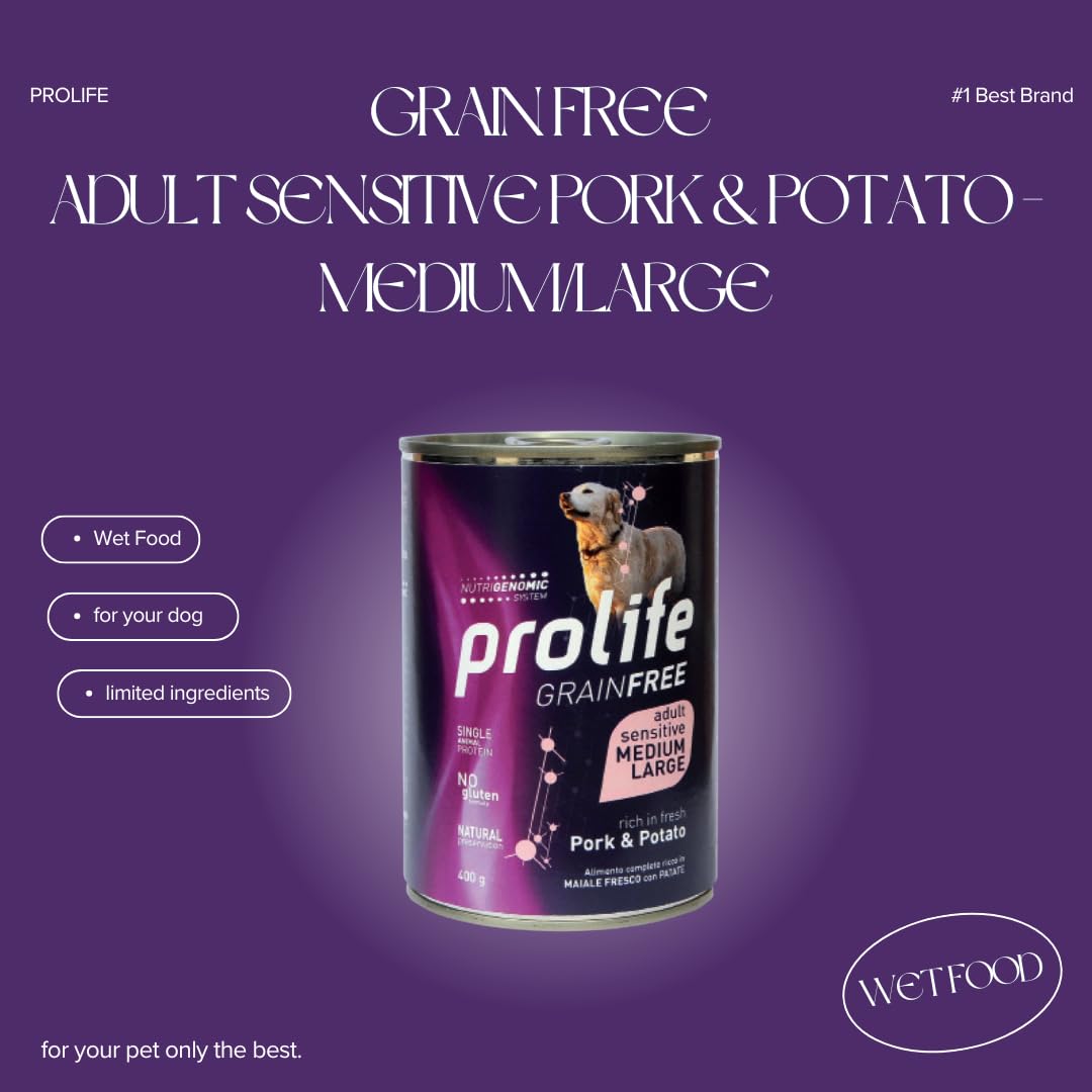 PROLIFE Cane Grain Free Adult Sensitive Pork & Potato - Medium/Large | alimento umido completo per cani adulti sensibili di taglia media e grande, prodotto senza cereali, 6 lattine da 400 grammi.
