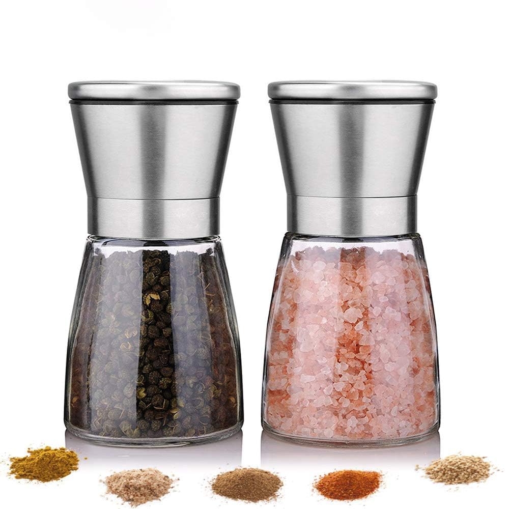Marve Beautiful Stainless Steel Salt & Pepper Grinders Refillable Set - Salt/Spice Shakers with Adjustable Coarse Mills - Easy Clean Ceramic Grinders with Funnel (Mini Pepper Mill 2 Pcs)