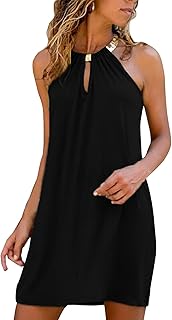 Hanaoops Dress Women's Summer Dress Knee-Length Sleeveless Summer Dresses Sexy Elegant Dress Short Beach Dress Casual Dress Halterneck Mini Dress