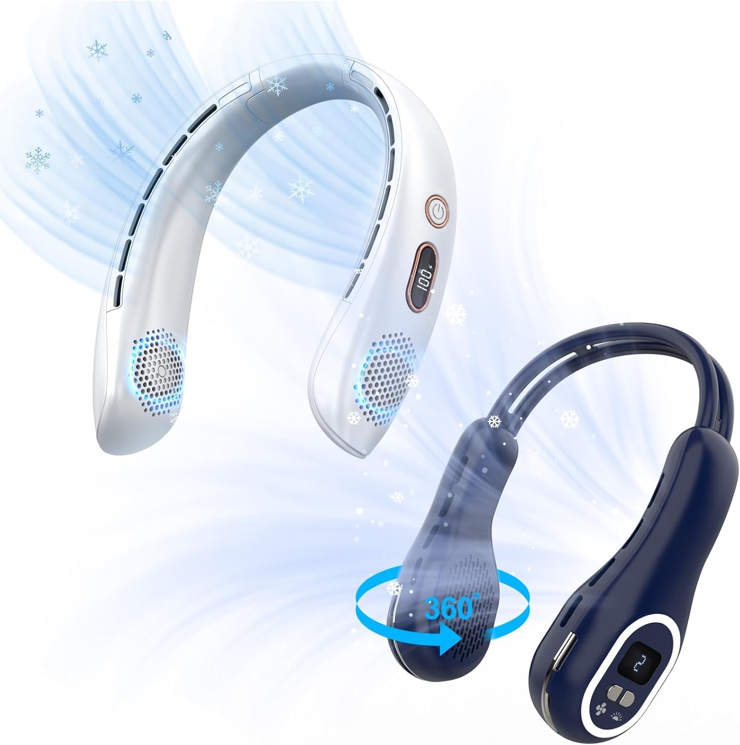 VEKK 2 Pack Neck Fans, Portable Bladeless Fan, 6000mAh Battery USB Rechargeable, LED Display, 360° Cooling Wearable Personal Fan, 3 Speeds, Quiet, Hands Free Neck Fans for Travel, Outdoor