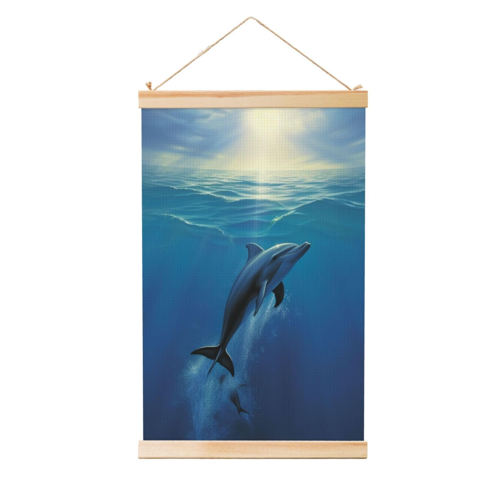 Dolphin Posters Wooden Shaft Hanging Poster Canvas Prints Scroll Wall Art Painting Vintage Wall Banner Modern Artwork Decor for Home Decor Ready to Hang 16"x24"