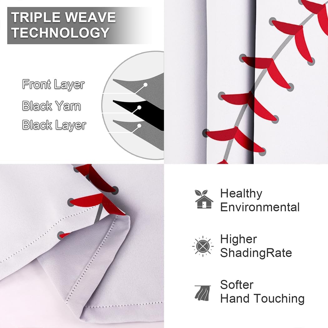 Curtains 42 x 63 inch Blackout Curtains (2 Panel) Grommet Top Darkening for Bedroom and Living Room Sports Baseball