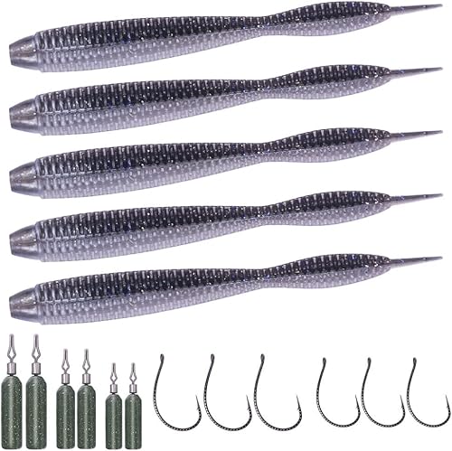 Drop-Shot-Rigs-for-Bass-Fishing-Soft-Plastic-Lures-Worm Fishing Hooks, 4 inch Rubber Worms, Wacky Worms, Straight Tail Stick Baits -22 Piece Kit