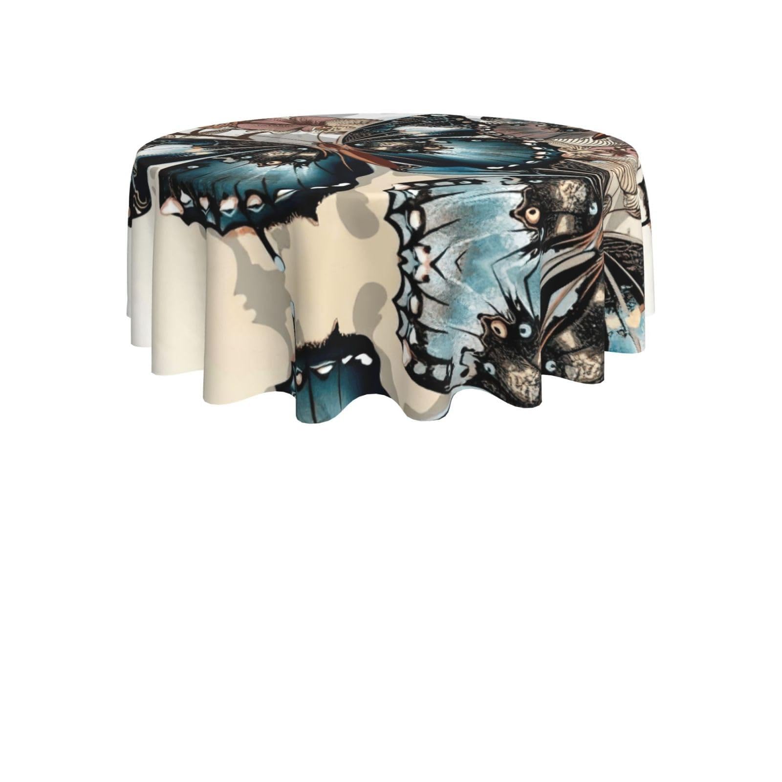 ENGhjes Butterfly flowers Print Round Tablecloth 60in Washable Stainproof Polyester Cloth for Kitchen Idea