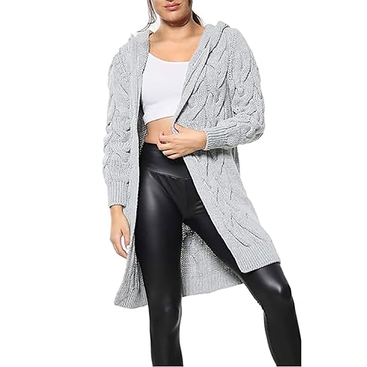 Fashion Mark Womens Chunky Cable Knitted Oversized Longline Hooded Cape Cardigan Ladies Baggy Pocket Long Jumpers Coatigan UK Plus Size 18-26 Silver