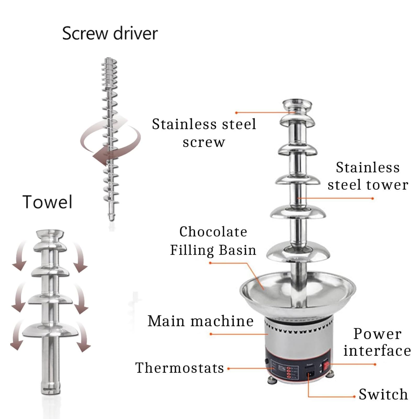 Torre De Fondue De Chocolate Caliente Comercial 4/5/6 Niveles En Acero Inoxidable, Fuente De Chocolate Profesional, para Derretir Y Calentar Nachos, Queso, Licores En Fiestas Y Bodas