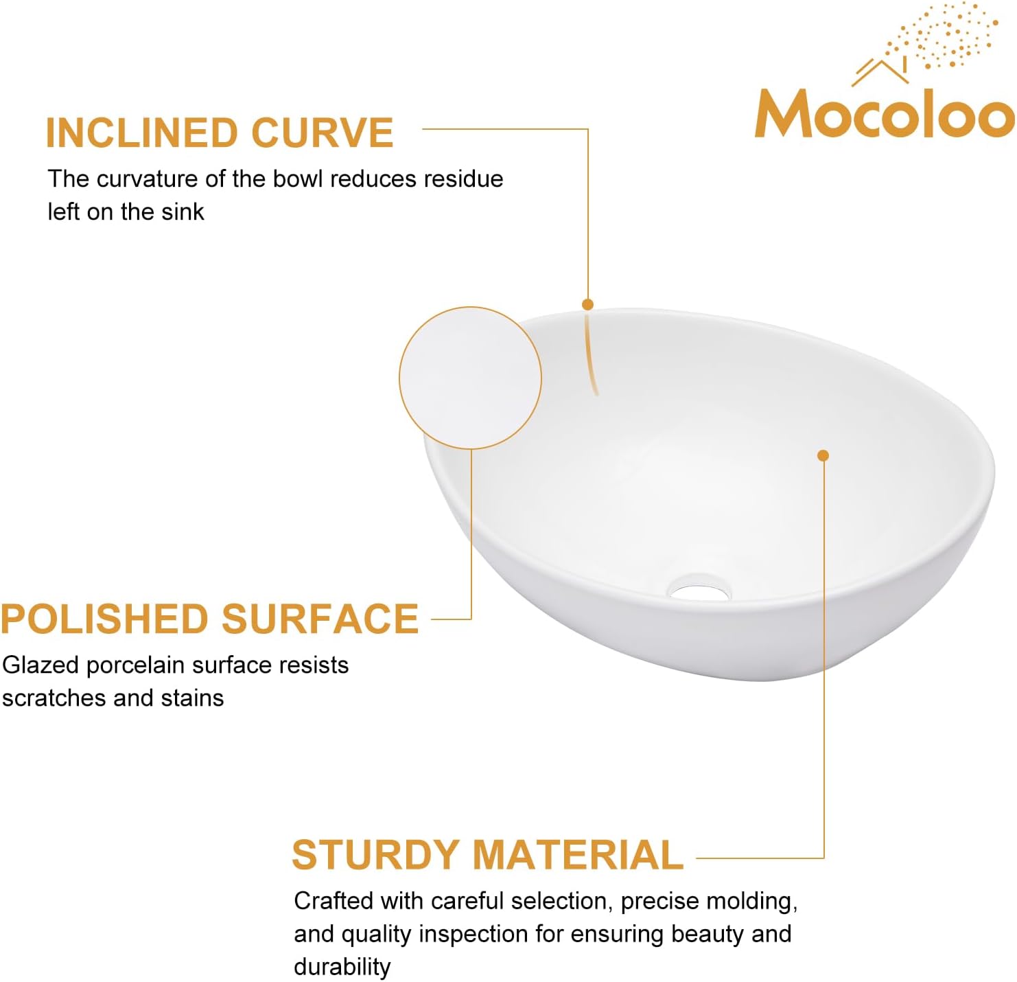Mocoloo Oval Vessel Sink 16'' x 13'' Bathroom Sink Countertop Oval Shape Small Ceramic Bathroom Sinks White Porcelain Vanity Bowl Above Counter Art Basin