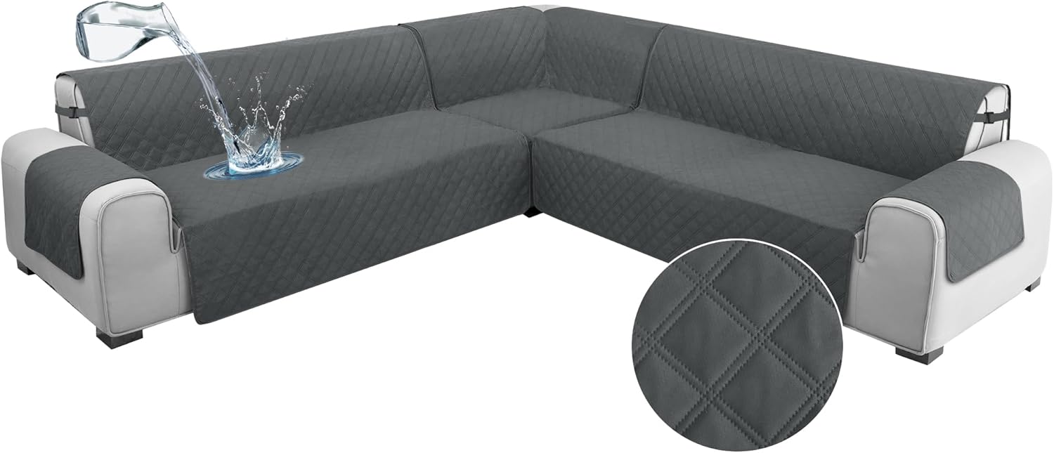 ALIECOM Waterproof 5-Piece Corner Sectional Couch Covers L Shaped Sofa Cover for Dogs U Shape Sofa Slipcovers with Anti-Slip Foams Soft Washable Furniture Protector for Pets (Dark Gray, Large) Large Dark Gray