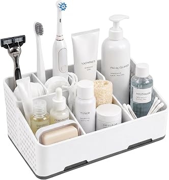Cleangor Countertop Bathroom Organizer, Multi-Grid Toothbrush Holder with Drainage Holes, Vents, Cord Hole for Electric Toothbrush Charger, Family Bathroom Use