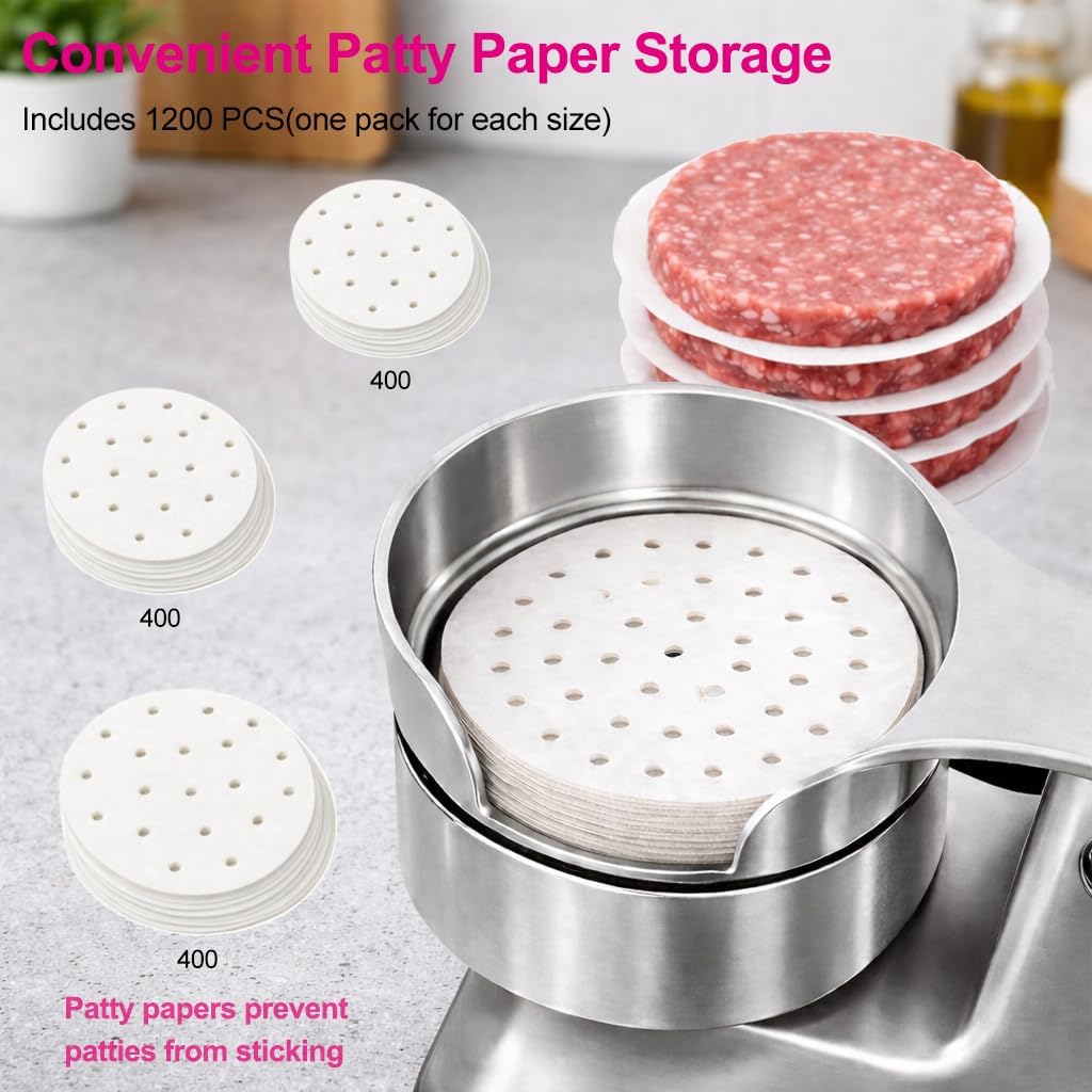 Commercial Burger Patty Maker 3 in 1, Hamburger Press Patty Maker with 4/5/6 Inch Interchangeable Molds, Meat Forming Processor, 1200 PCS Patty Papers for Beef Pork Chicken Patty