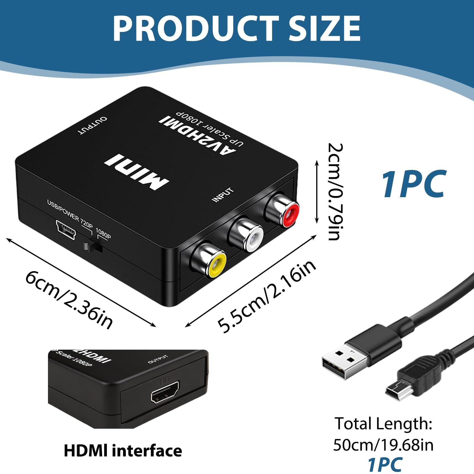 Konwerter RCA na HDMI 1080P, adapter RCA na HDMI z kablem USB, Mini AV Composite CVBS Video Audio Converter Adapter, obsługuje PAL/NTSC/SECAM, dla Xbox 360 PS1 PS2 WII VHS Camera, Plug & Play