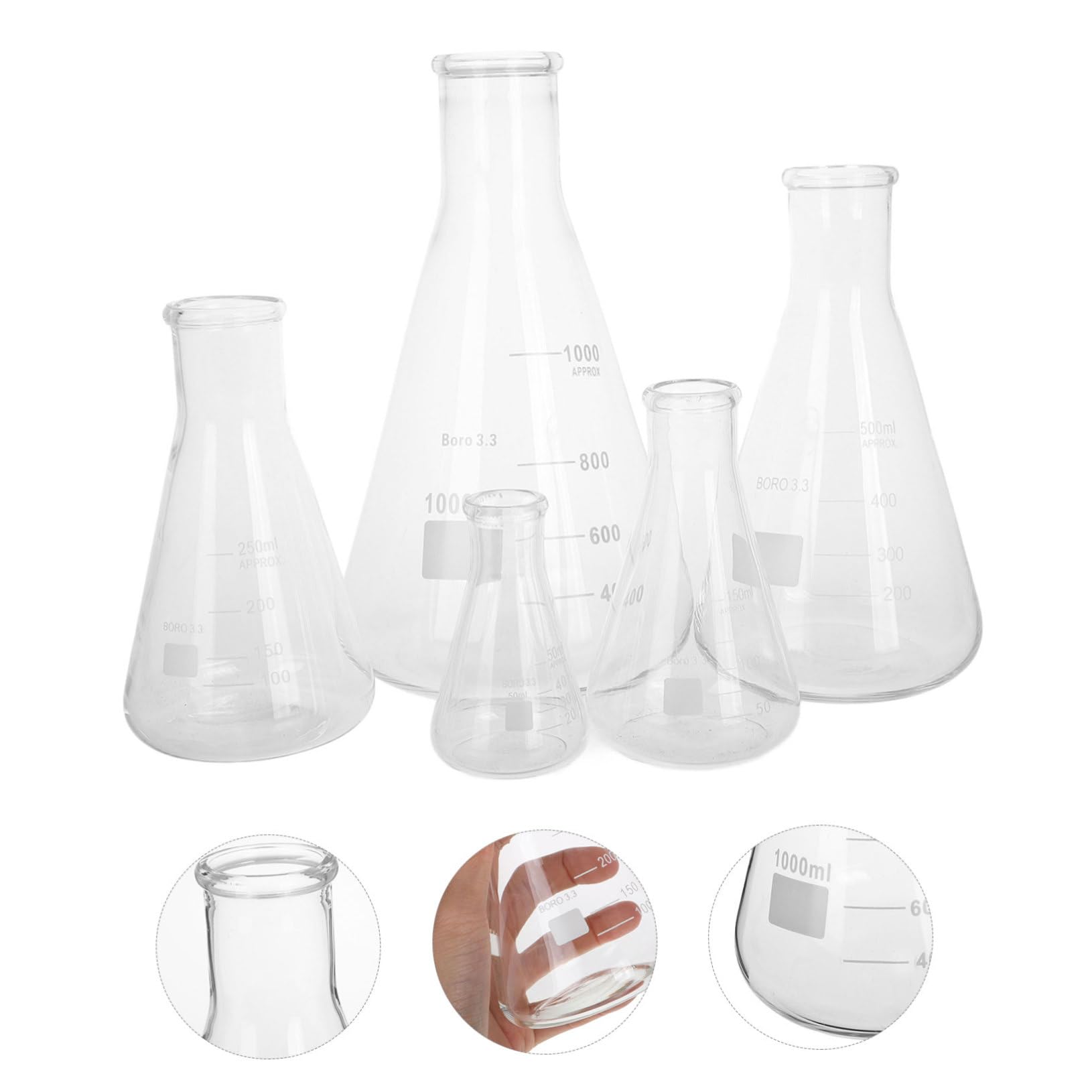 Gatuida Matraces Erlenmeyer de Vidrio de Borosilicato Conjunto de 5 Base Triangular Capacidad de 50ml a 1 L, Fácil de Limpiar y Verter para Laboratorio Científico