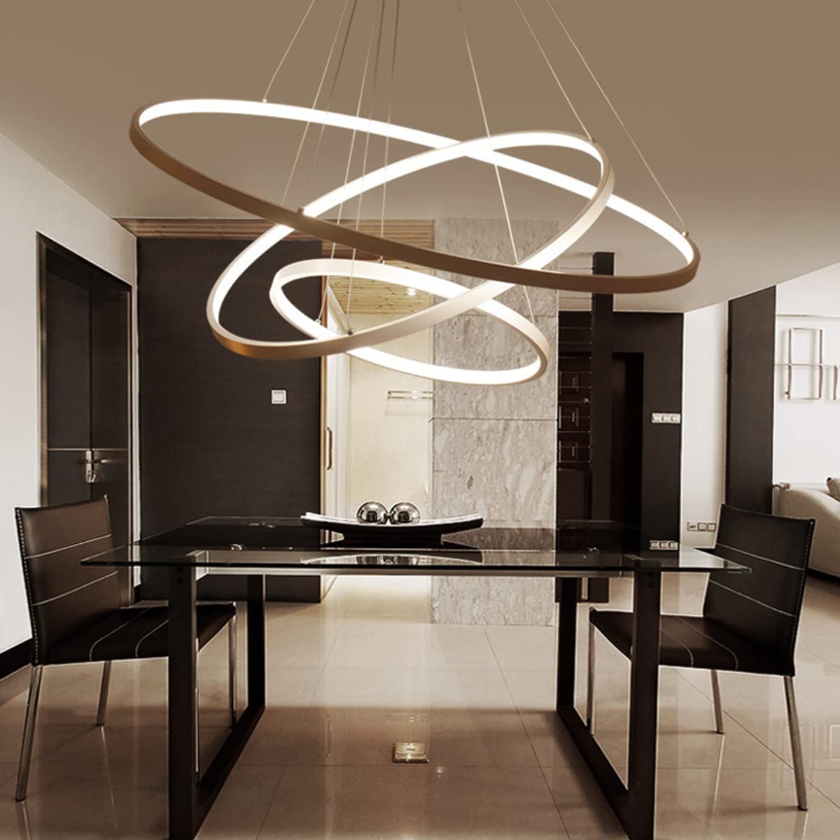 Okrągły żyrandol LED z trzema pierścieniami, nowoczesny design, lampa wisząca do stołu jadalnego lub salonu, możliwość ściemniania za pomocą pilota, oświetlenie dekoracyjne (kolor: Brązowy, Gwiazda S