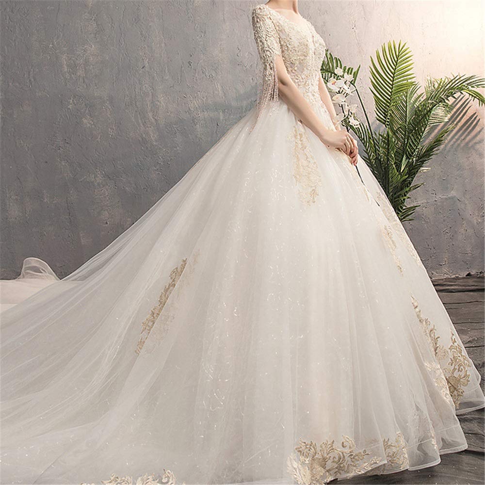 Elegant V-Ausschnitt Kurzarm Chiffon Brautjungfernkleid Lange Abendkleid, Weiß, XL