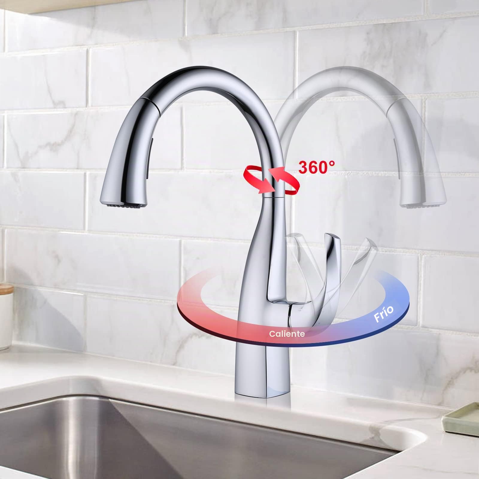 ARCORA Grifo Cocina Extraíble 360° Giratorio, Grifo Monomando Acero Inoxidable con 2 Modos de Chorro, Compatible con Fregadero Doble, Cromado