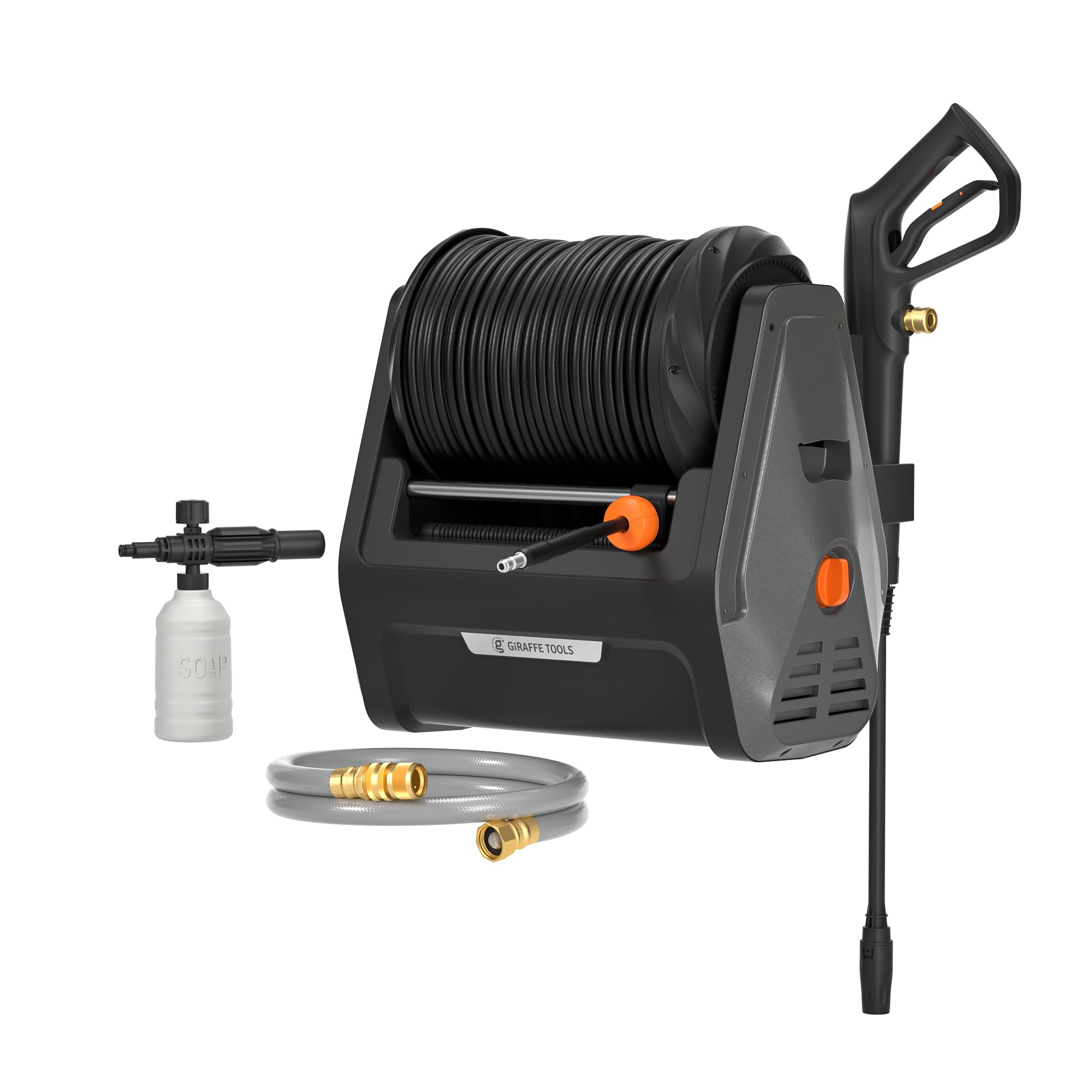 Giraffe Tools Idropulitrice elettrica ad alta pressione, max 16,5 MPa, 2,0 GPM, per montaggio a parete, con tubo retrattile da 30 m, per auto, terrazza, tubo rigido nero