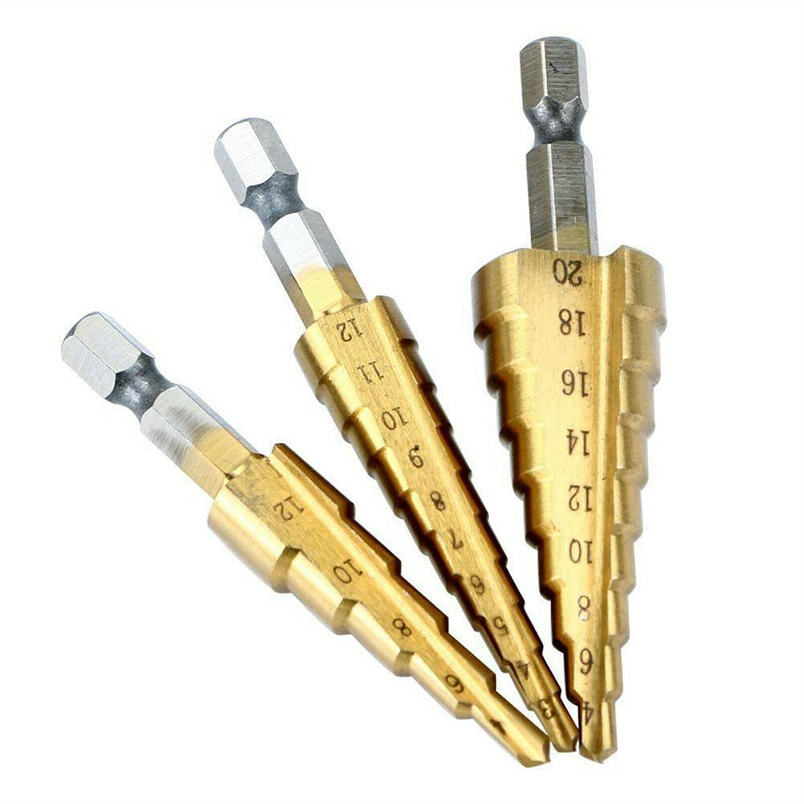 Fácil de instalar y usar brocas industriales 3 unids paso broca titanio HSS acero cono taladro industrial escariador hexagonal kit conjunto cortadores de agujeros