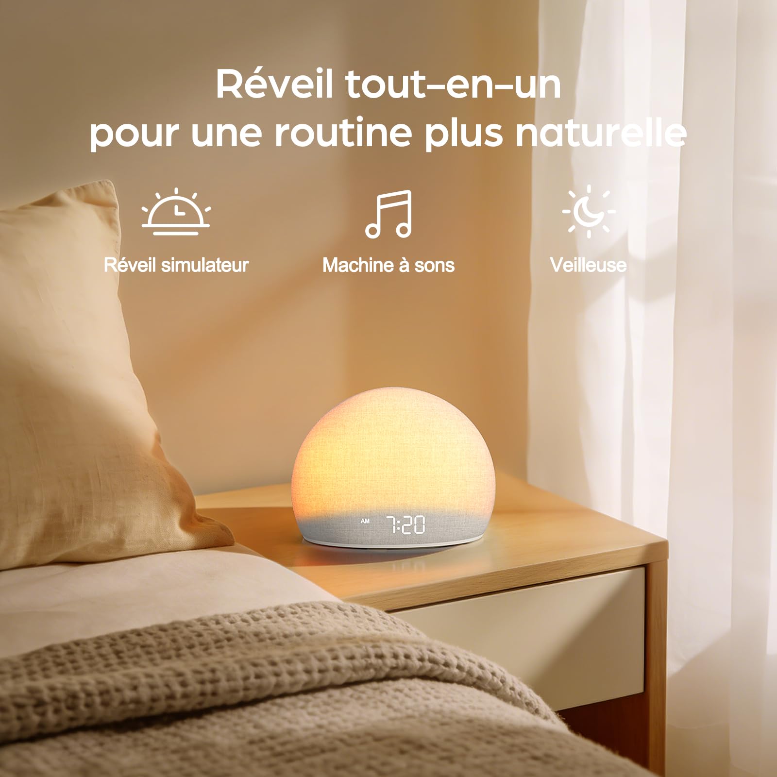 DOUMOSH Réveil Lumineux Sunrise, Machine à Bruits Blancs pour Chambre | Lumière d’Aube Naturelle avec Sons Doux, 20 Sons Relaxants, Affichage Réglable, Design sans Écran